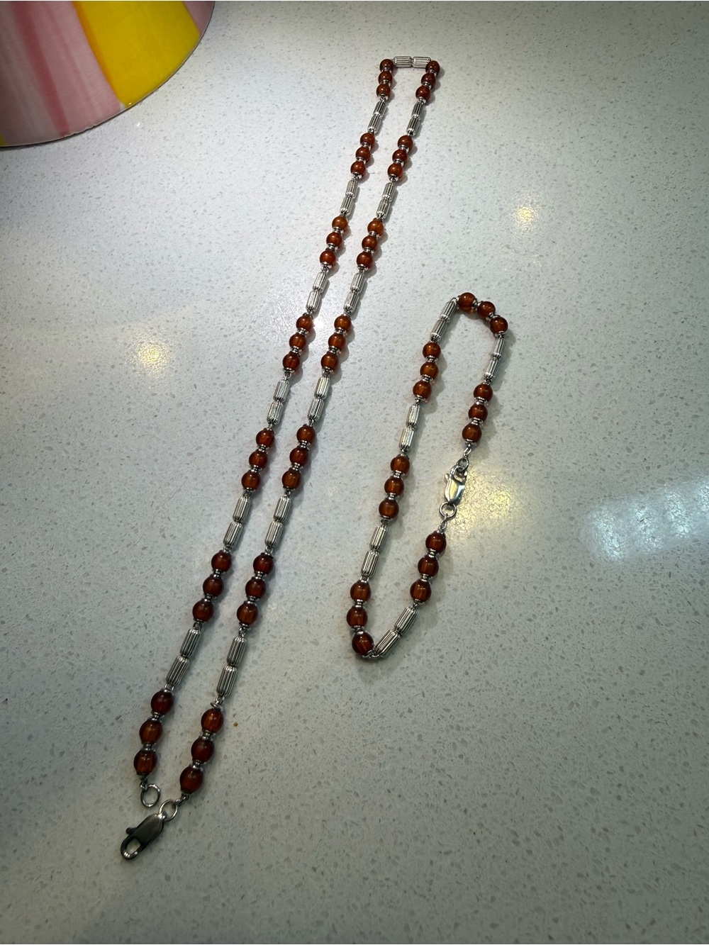 Sterling Silver 925 and Orange Bead Necklace and Bracelet Set - Picture 3 of 4